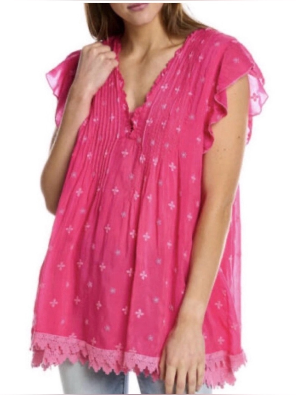 Johnny Was Athena pleated eyelet baby doll top pink SZ S